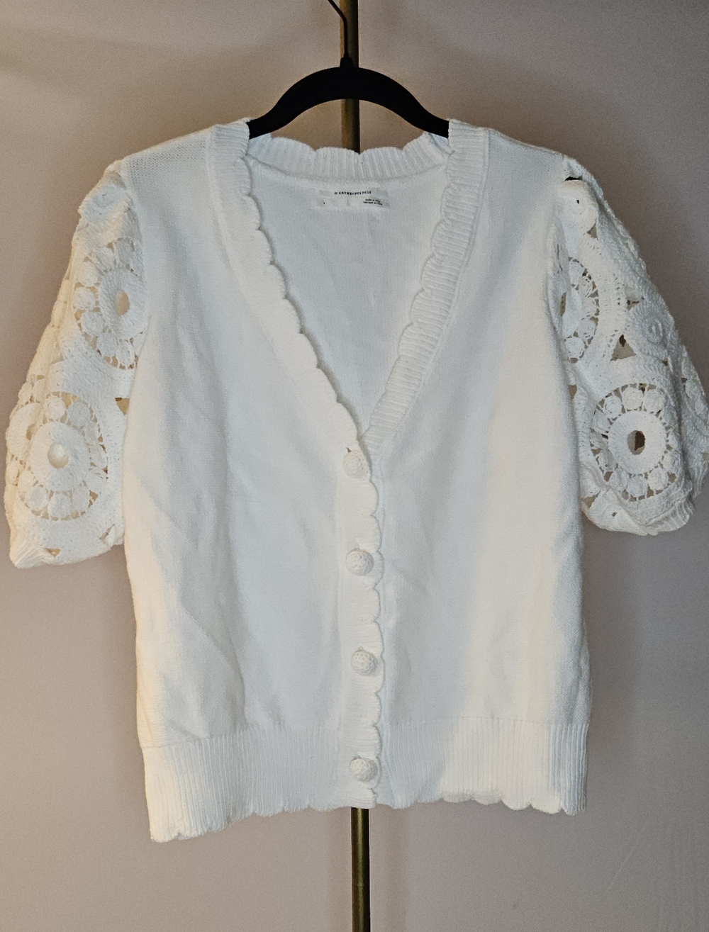 By Anthropologie Crochet Puff Sleeve Scalloped Trim Cardigan Sweater